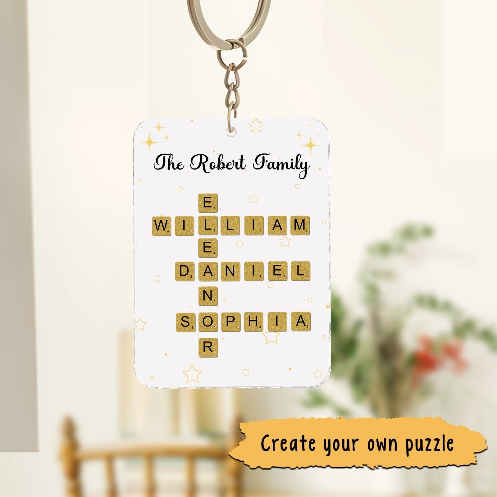 Personalized family keychain with custom names in a puzzle design for unique family gifts