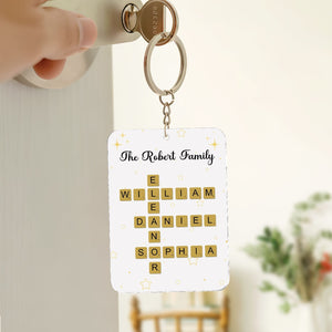 Personalized family keychain featuring names William, Daniel, and Sophia in a stylish design