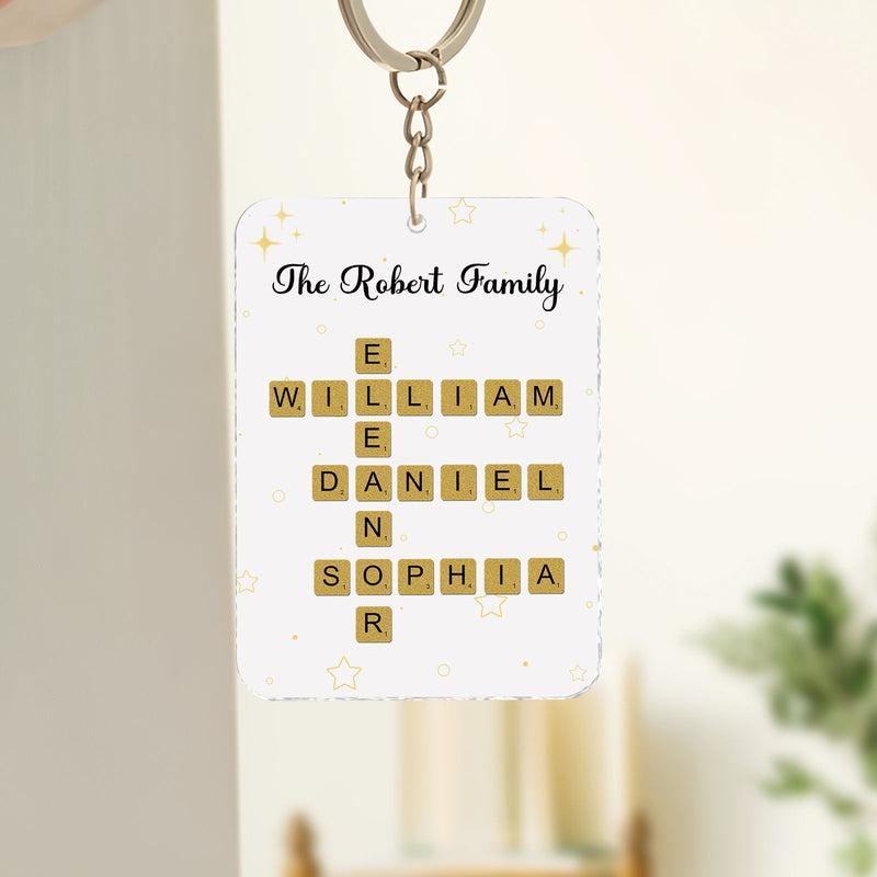 Personalized family keychain displaying the names William, Eleanor, Daniel, and Sophia for a unique gift