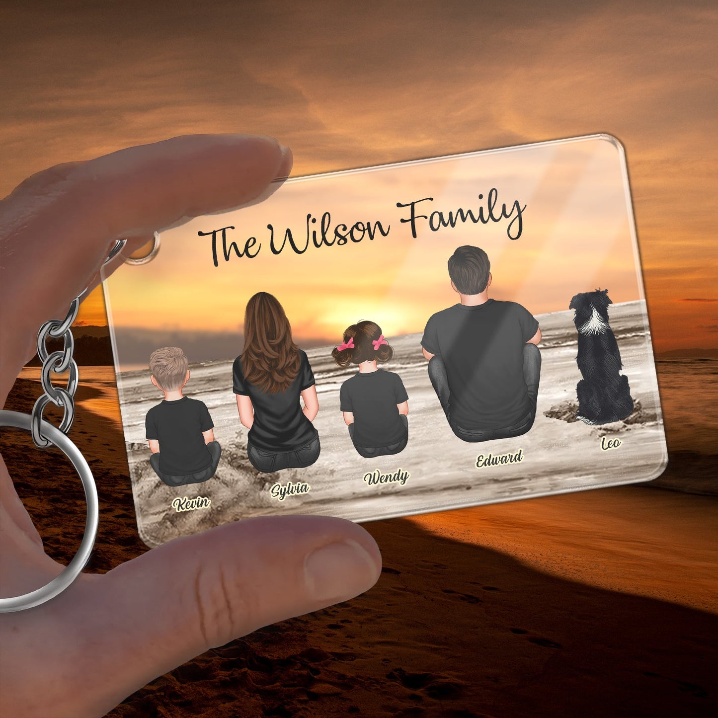 Personalized family keychain featuring silhouettes of the Wilson family at sunset