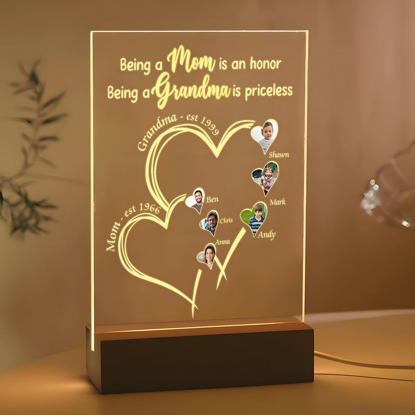 Personalized family LED night light with engraved heartfelt message and photo frames