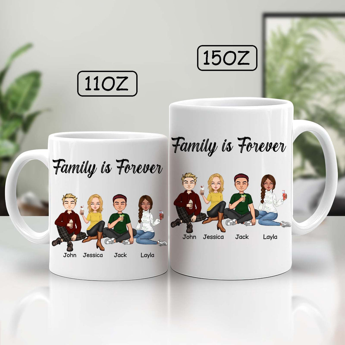Personalized family mug options in 110oz and 150oz sizes with cartoon family illustrations