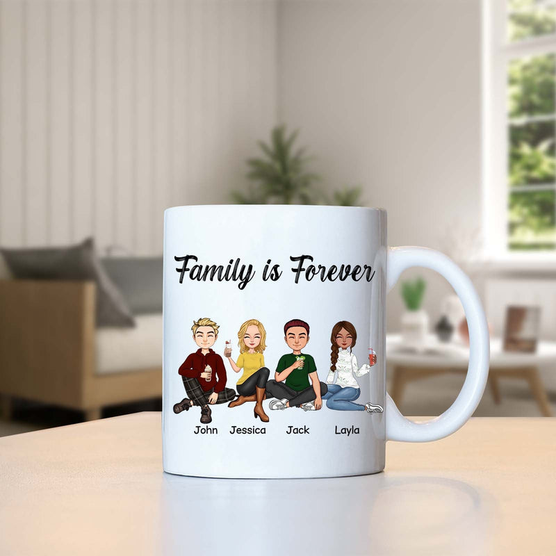 Personalized family mug featuring cartoon characters with the phrase Family is Forever