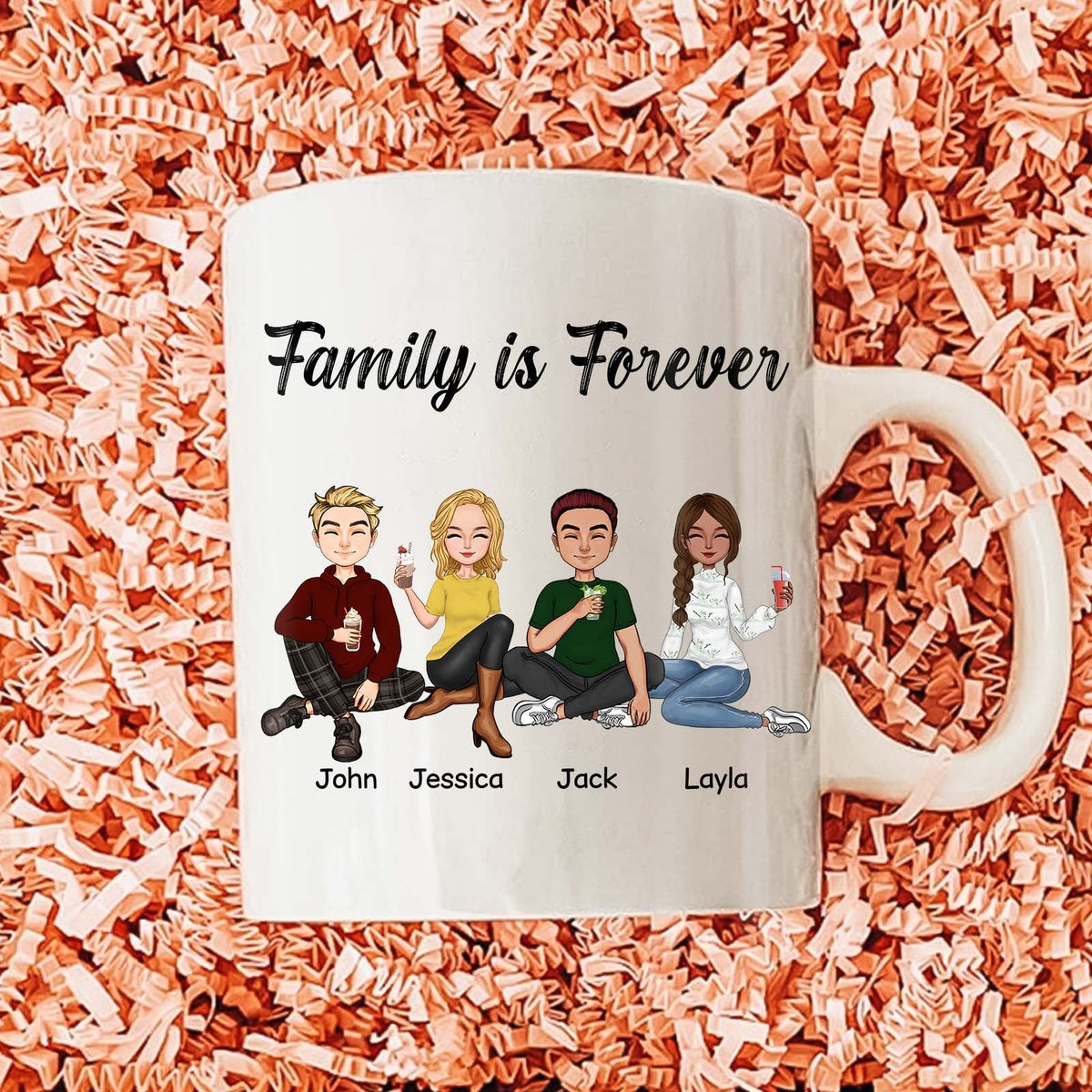 Personalized family mug featuring cartoon characters John, Jessica, Jack, and Layla with Family is Forever text