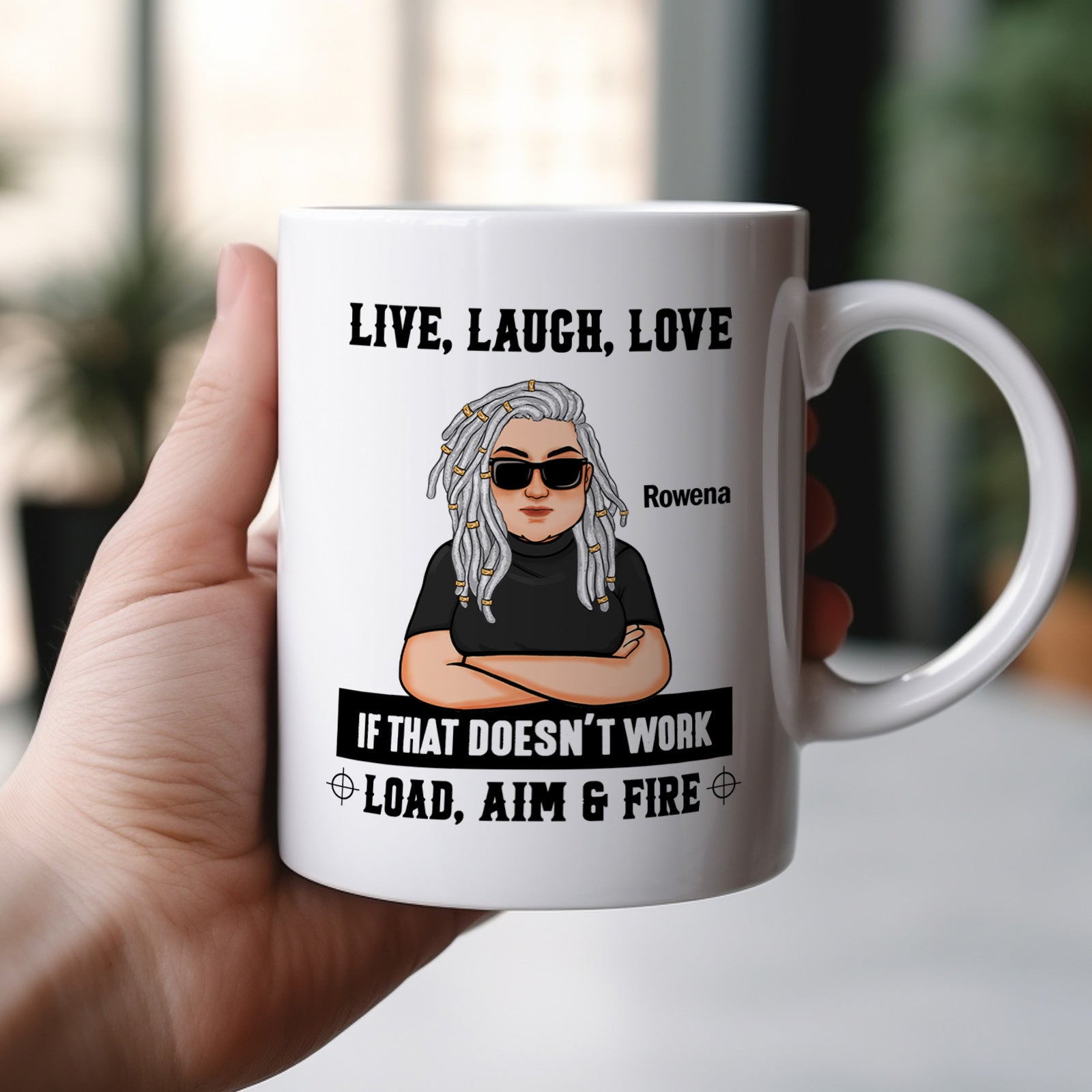 Personalized family mug featuring a woman with sunglasses and the phrase Live, Laugh, Love
