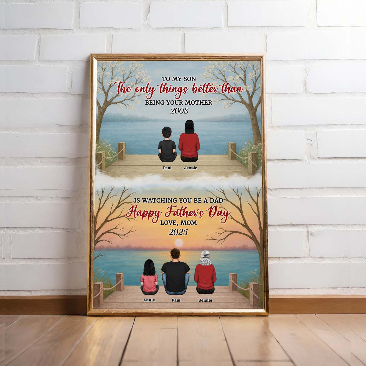 Personalized family poster featuring a sentimental message and family figures by the water