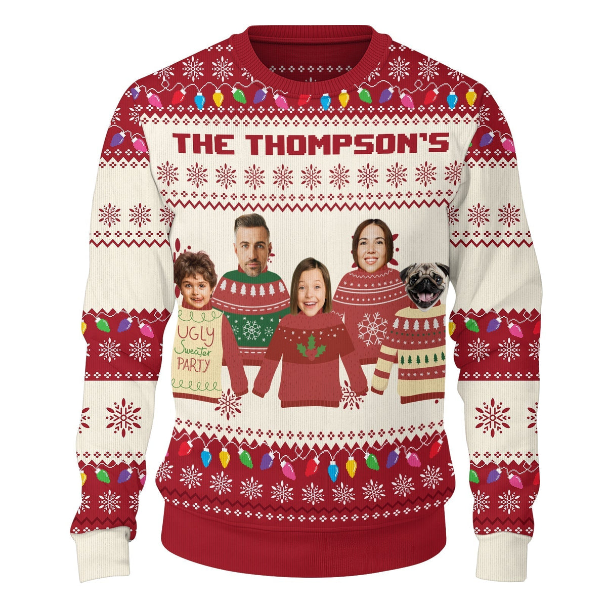365Gifty personalized family ugly Christmas sweater with custom faces and colorful holiday patterns