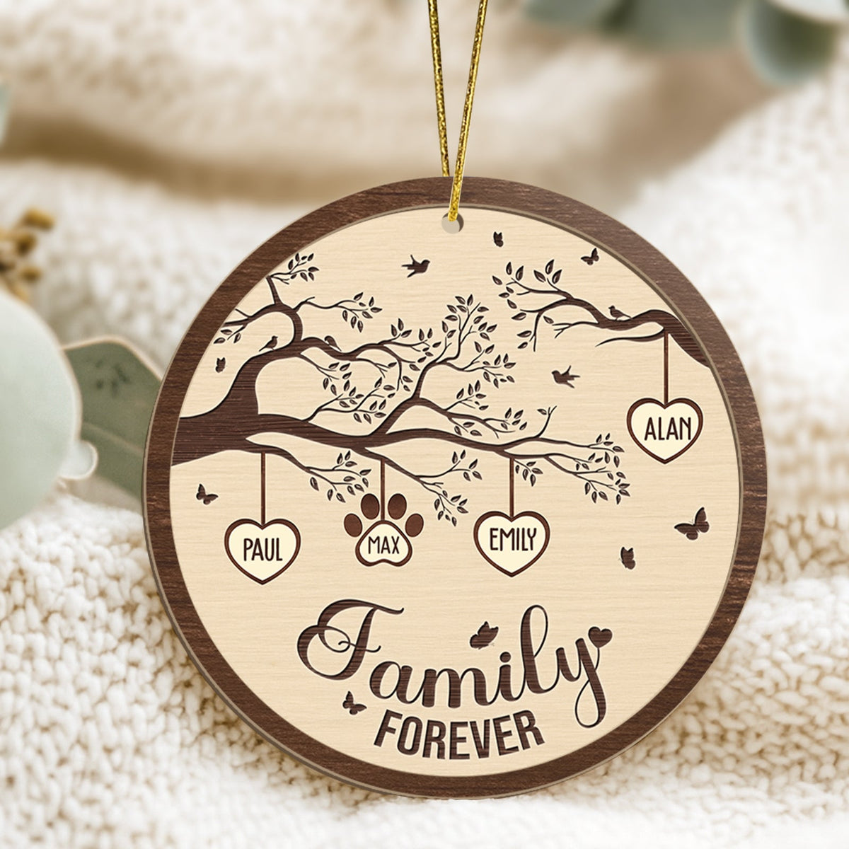 Personalized family wooden ornament featuring a family tree design with names and hearts