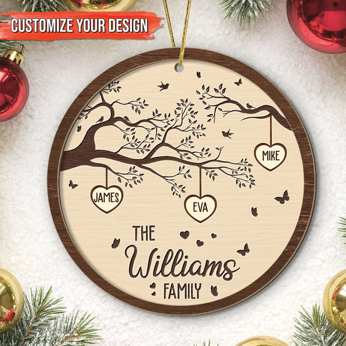 Personalized family wooden ornament featuring a tree design and family names for custom holiday decor