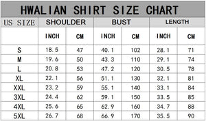 Size chart for personalized father hawaiian shirt showing shoulder, bust, and length measurements in inches and centimeters