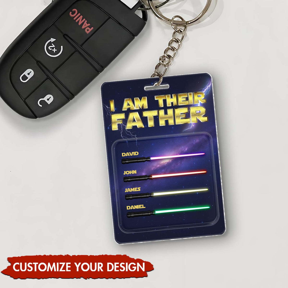 Personalized father keychain featuring customizable names and a vibrant design for proud dads