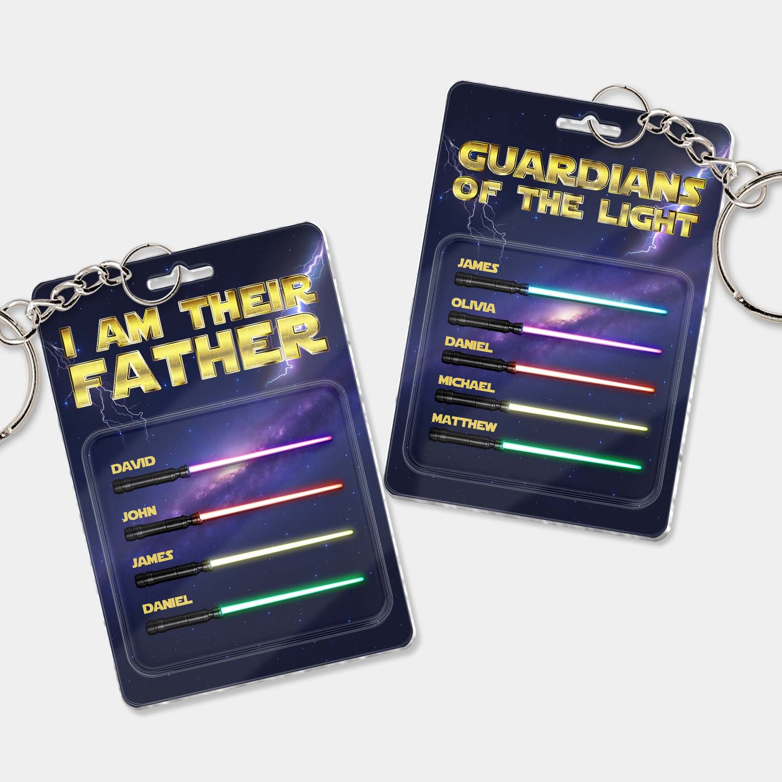 Personalized father keychain with customizable names and colorful light design for a unique gift