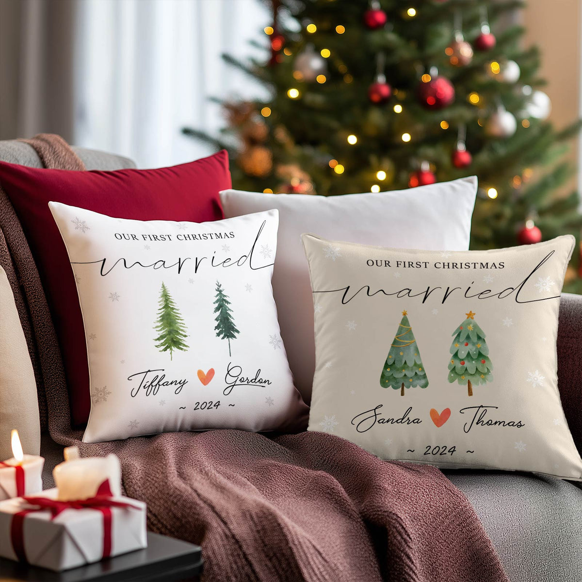 Personalized first Christmas married pillow with custom names and year featuring festive Christmas tree design