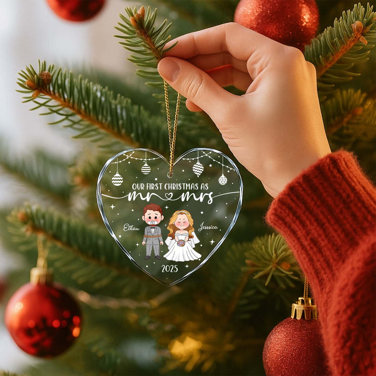 Personalized first Christmas ornament featuring a bride and groom design for newlyweds in 2023