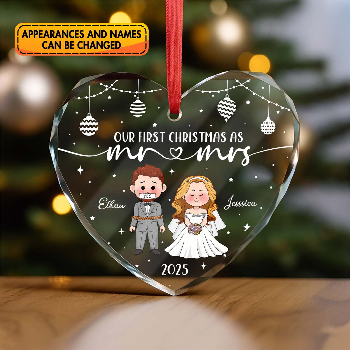 Personalized first Christmas ornament featuring cartoon coworkers with customizable names and festive lights