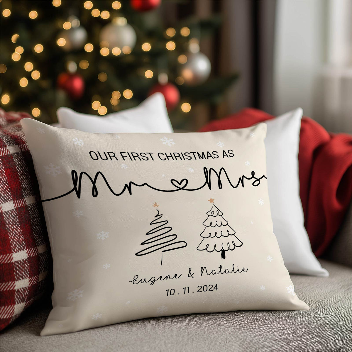Personalized first Christmas pillow with Mr and Mrs design and custom names Eugene and Natalie
