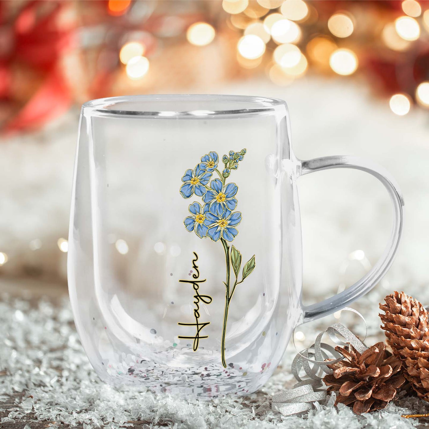 Personalized flower glass mug featuring a floral design and custom name for unique gifts