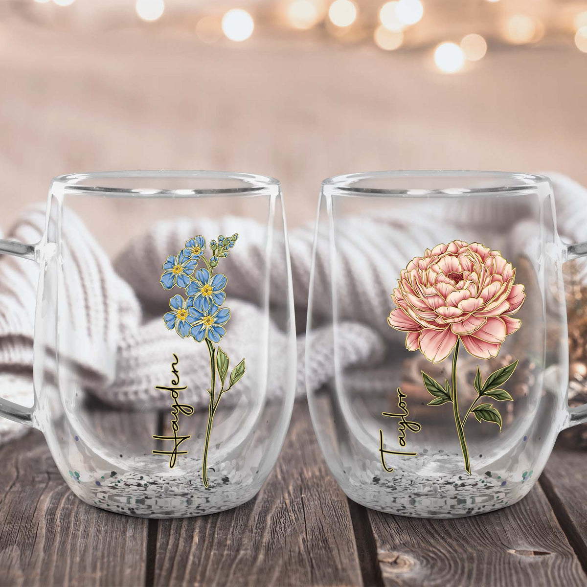 Set of personalized flower glass mugs featuring blue flowers and pink peonies with custom names