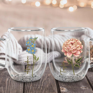 Set of personalized flower glass mugs featuring blue flowers and pink peonies with custom names