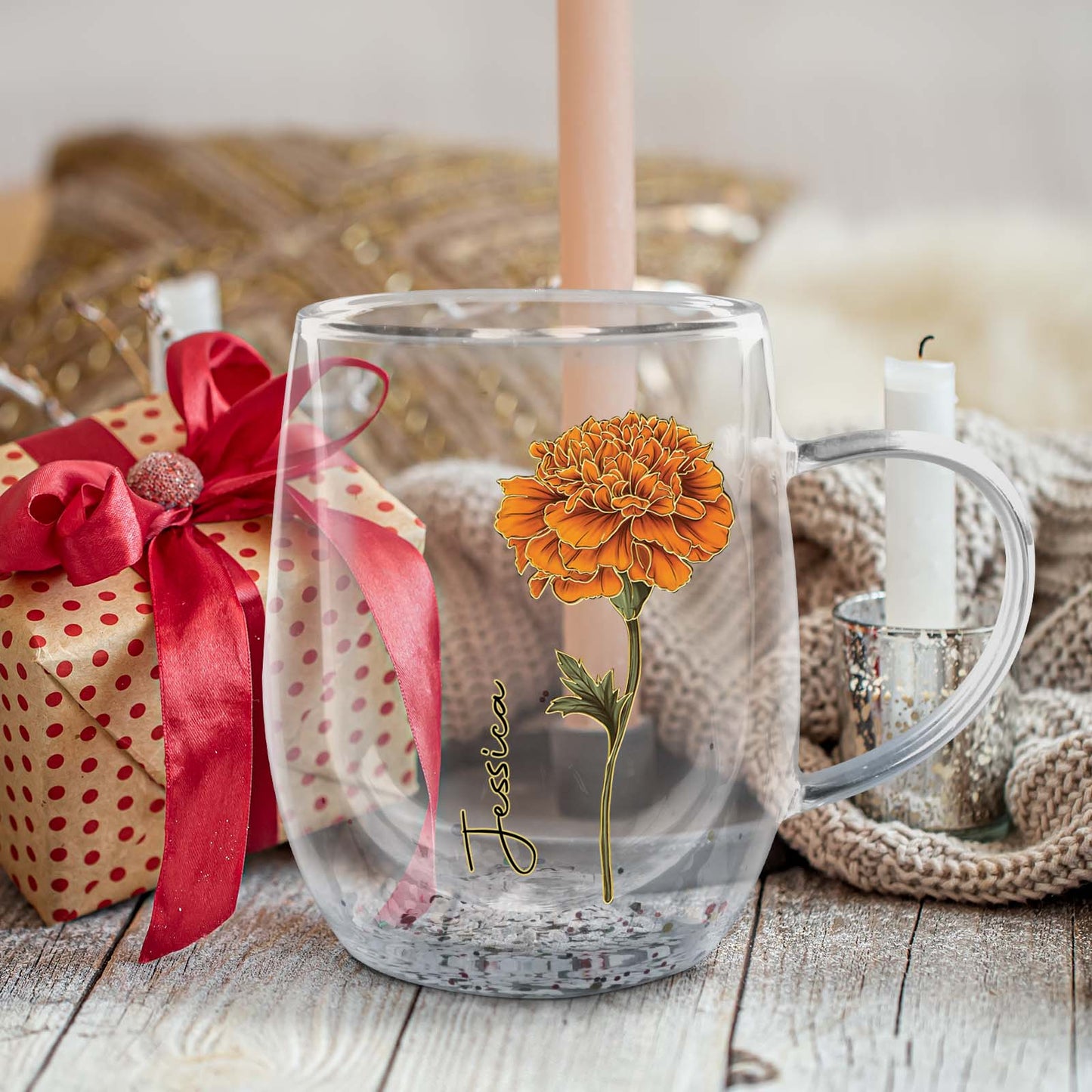 Personalized flower glass mug featuring an orange marigold design and a custom name for unique gifting