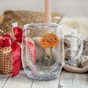 Personalized flower glass mug featuring an orange marigold design and a custom name for unique gifting
