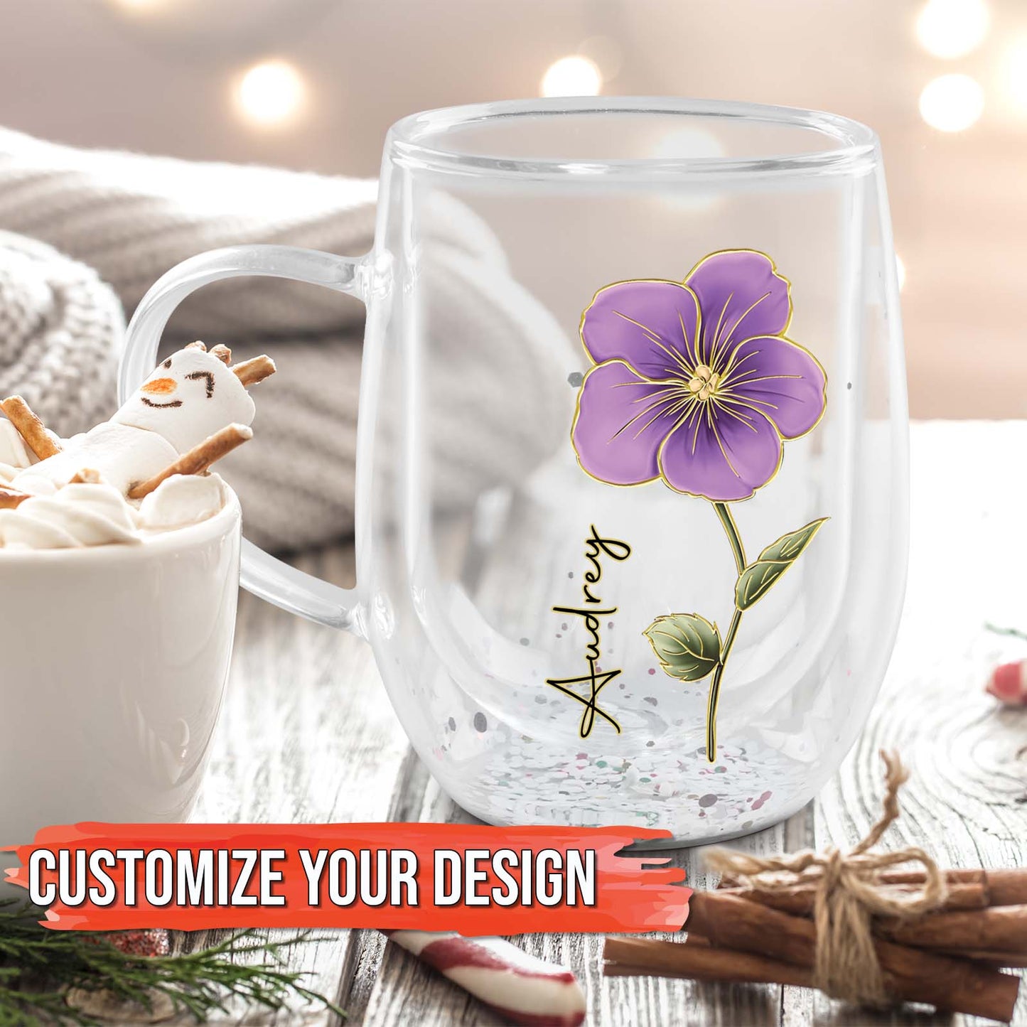 Personalized flower glass mug featuring a purple flower design and customizable text for unique gifts