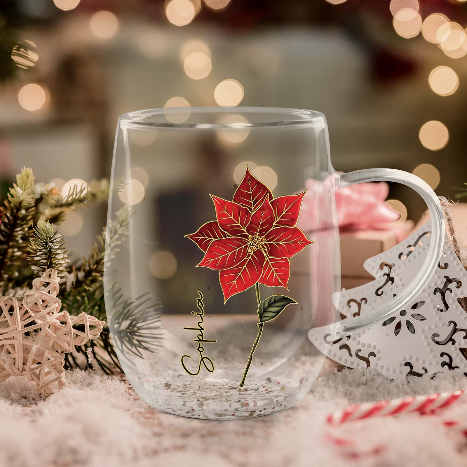 Personalized flower glass mug featuring a red poinsettia and elegant script for custom gifting