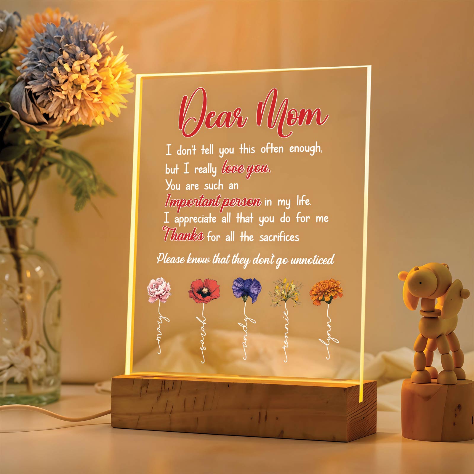 Personalized flower LED light for mom with heartfelt message and colorful flower designs