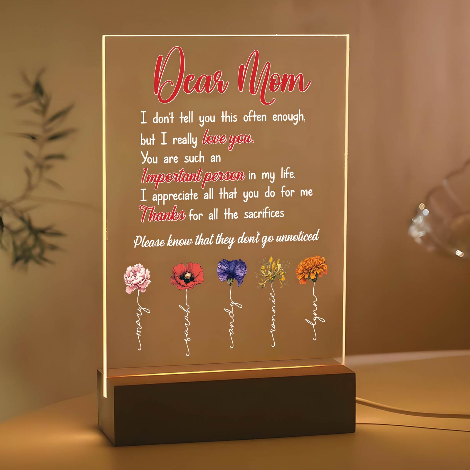 Personalized flower LED light for mom with heartfelt message and floral design