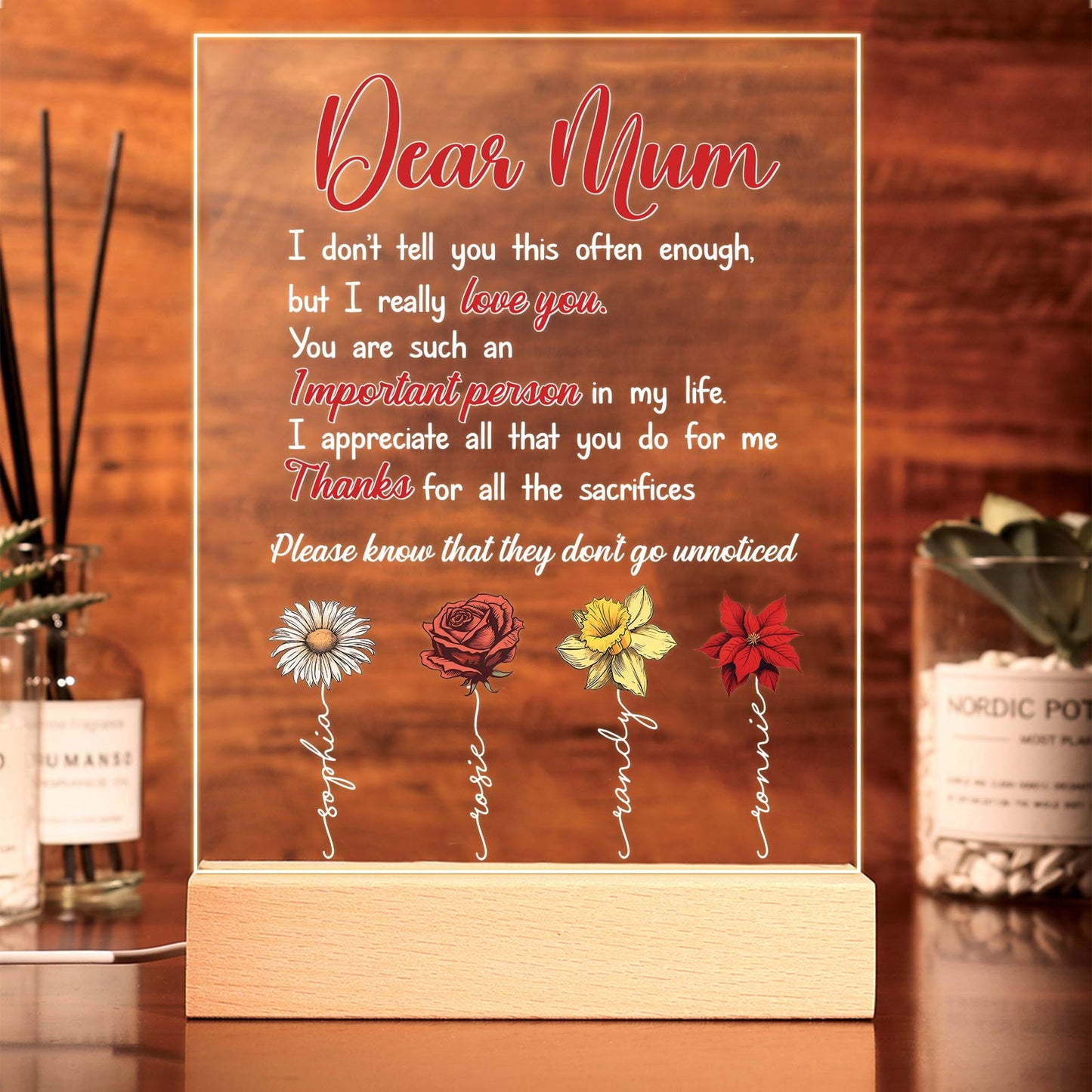 Personalized flower LED light for mom with heartfelt message and decorative flowers