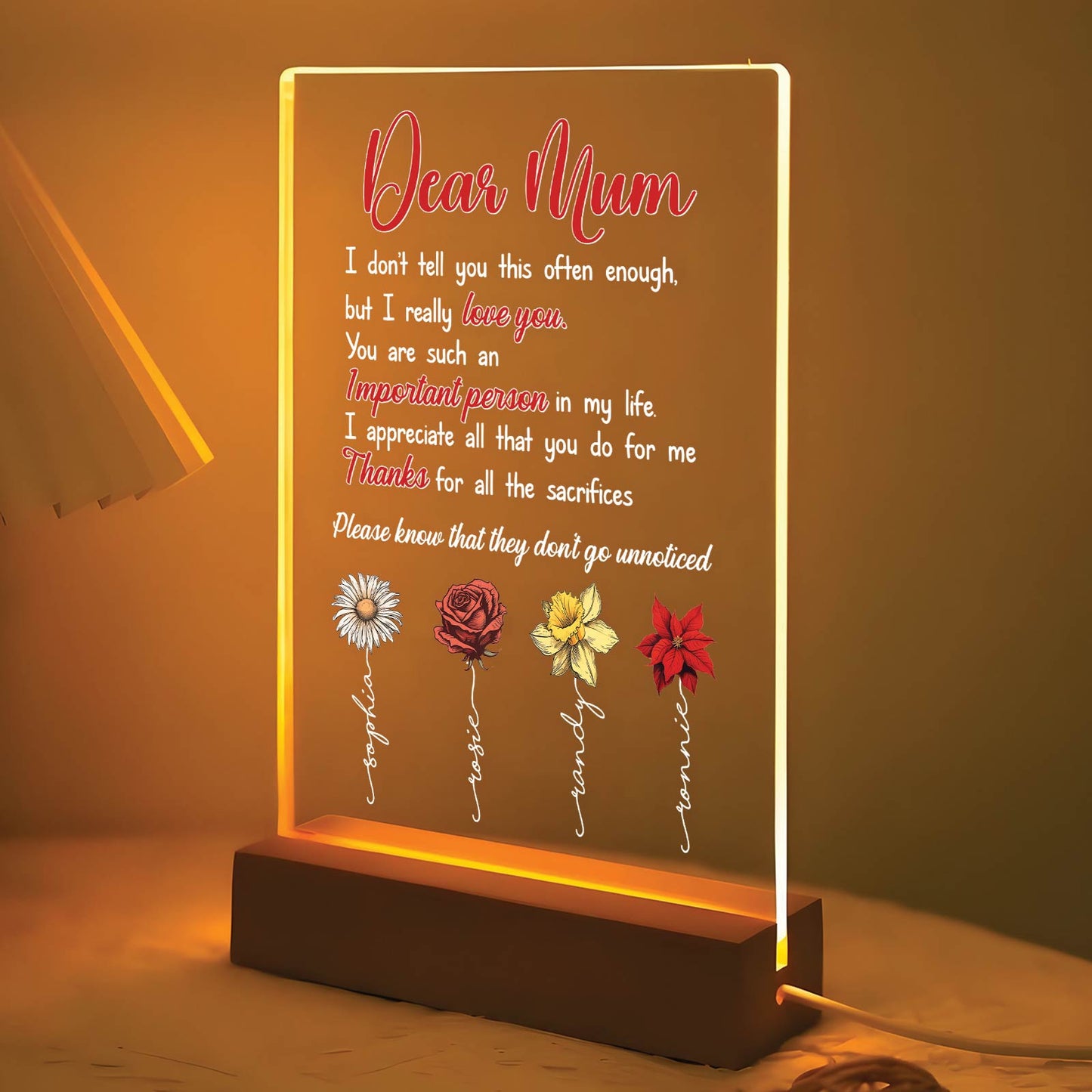 Personalized flower LED light for mom with heartfelt message and colorful floral designs