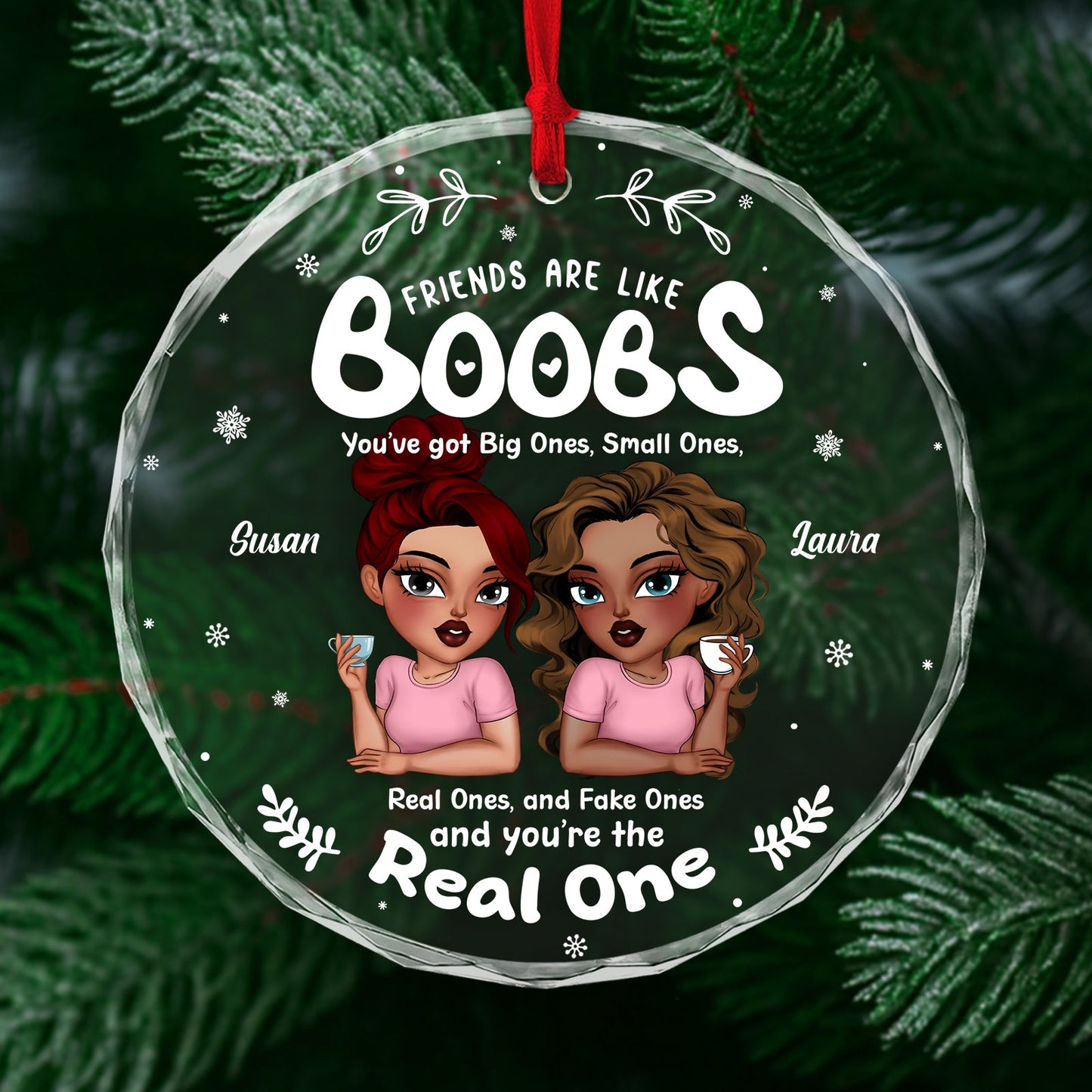 Personalized friends glass ornament featuring two cartoon women with playful text and colorful design