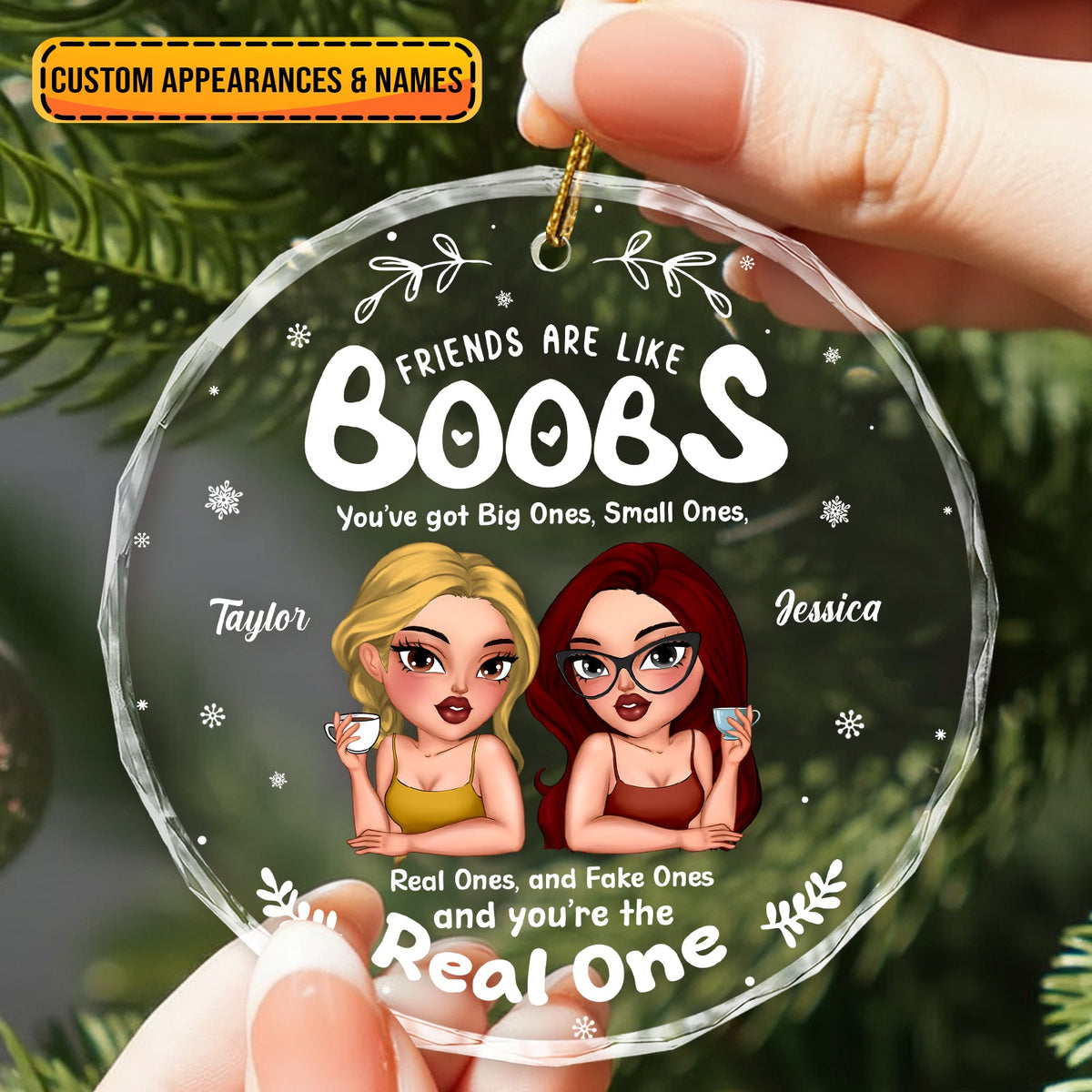 Personalized friends glass ornament with cartoon characters and custom names Taylor and Jessica