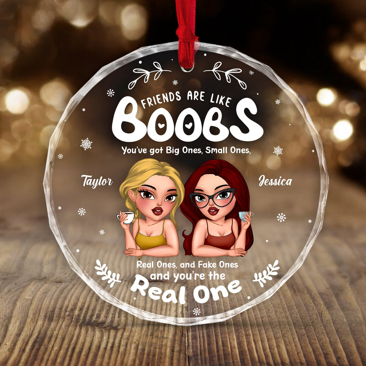 Personalized friends glass ornament featuring two cartoon characters and a funny friendship quote