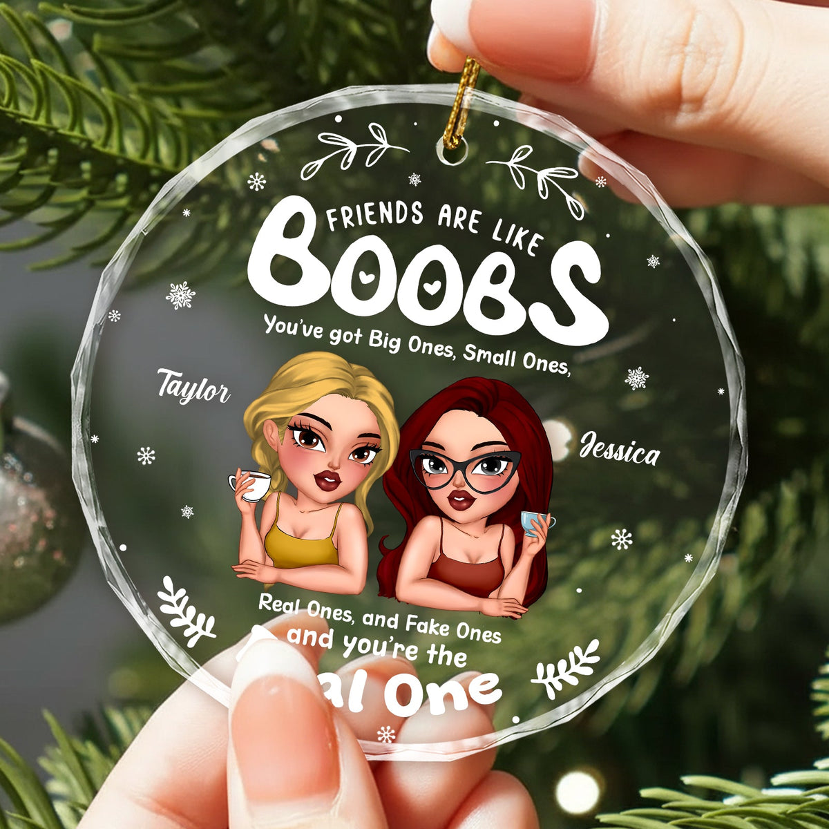 Personalized friends glass ornament featuring two cartoon women and a playful quote, perfect for gifting