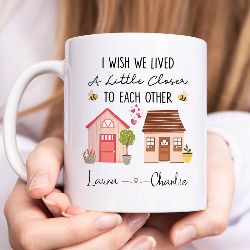 Personalized friends mug with cheerful houses and heartfelt message for close friends