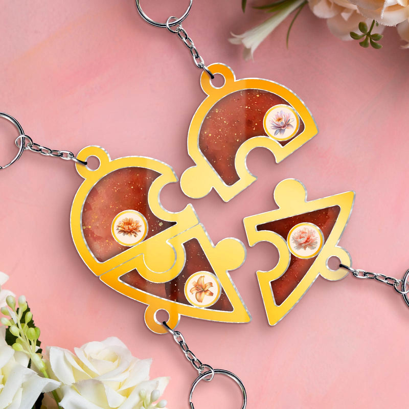 Personalized friendship keychain set featuring puzzle pieces with floral designs for best friends
