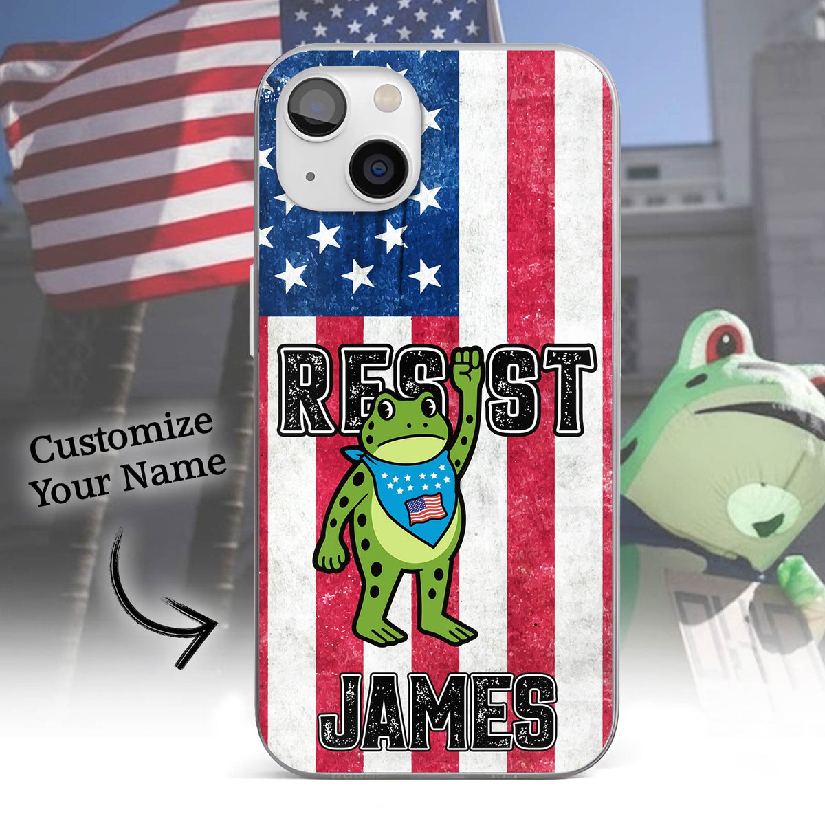 Personalized frog phone case featuring a green frog with an American flag background and customizable name
