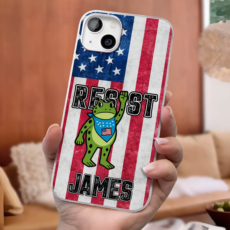 Personalized frog phone case featuring a patriotic design with a vibrant frog and the name James