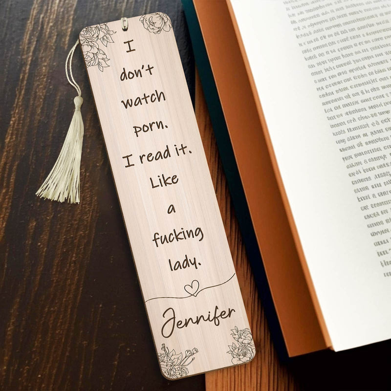 Personalized funny bookmark for women with humorous quote and floral design on a wooden background