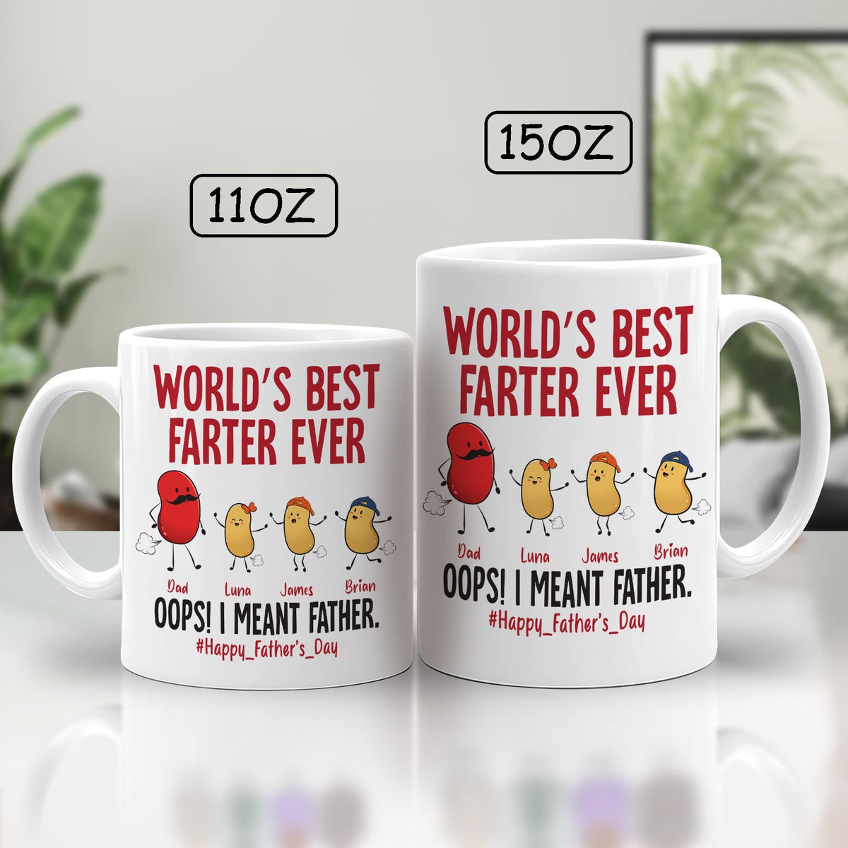 Personalized funny dad mug featuring humorous text and cartoon characters for Father's Day gifts