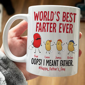 Personalized funny dad mug featuring cartoon beans with the text World's Best Farter Ever for Father's Day