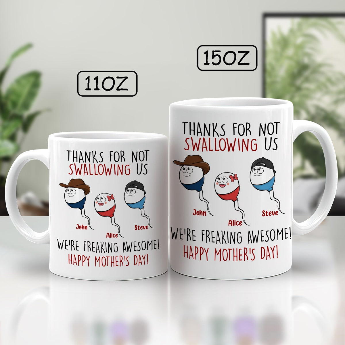 Personalized funny mom mug featuring humorous cartoon characters for Mother's Day gifts
