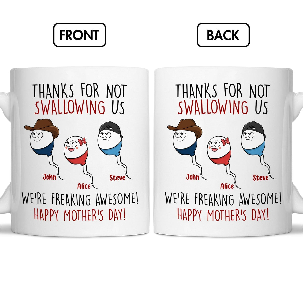Personalized funny mom mug featuring humorous sperm characters with Mother's Day message