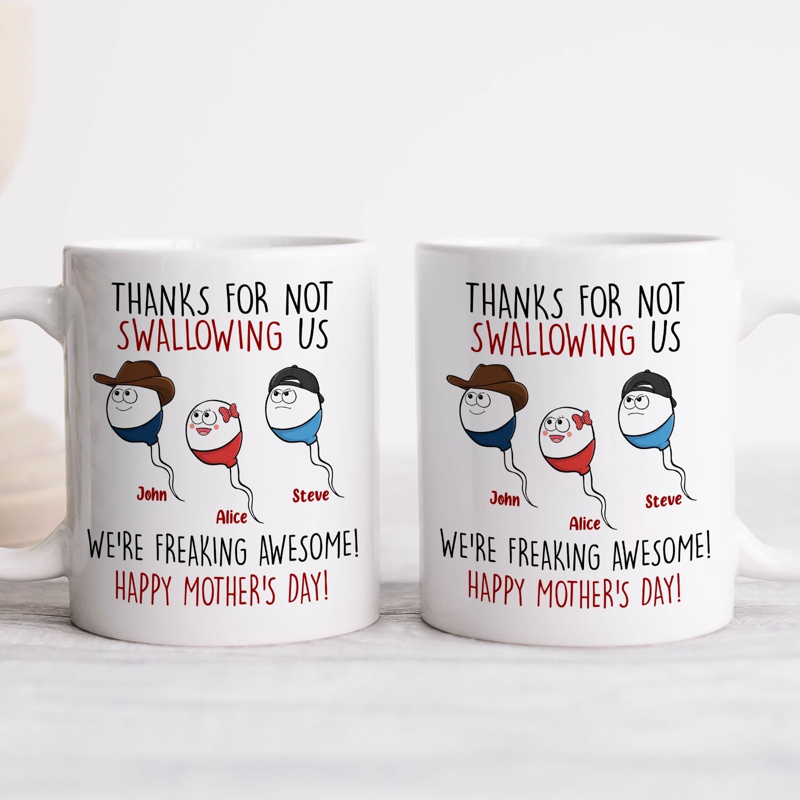 Personalized funny mom mug with humorous text and cartoon characters for Mother's Day