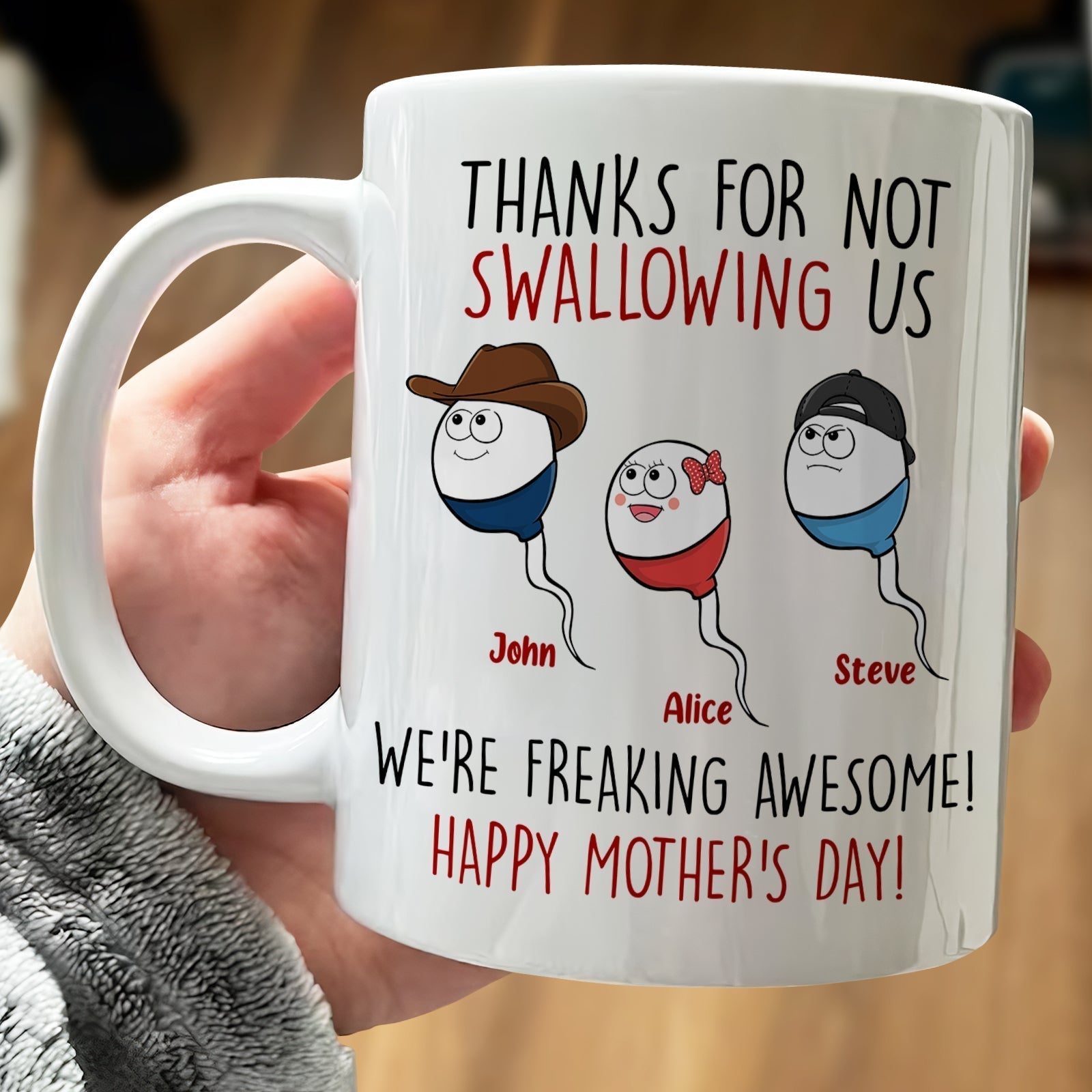 Personalized funny mom mug with humorous sperm characters for Mother's Day gift