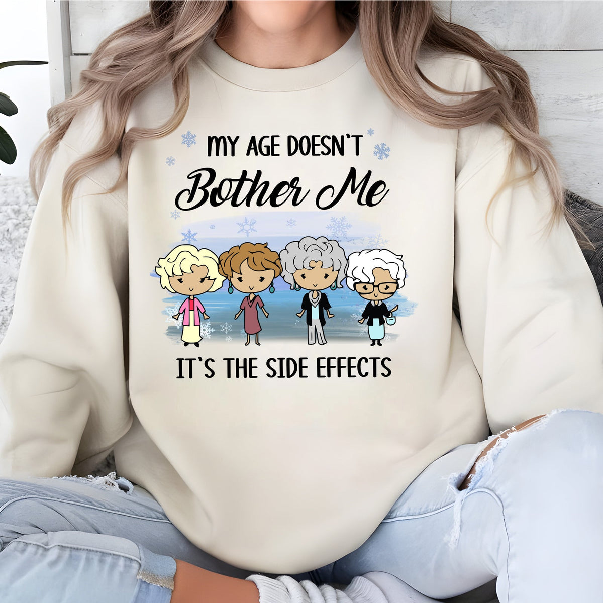 Personalized funny shirt featuring cartoon characters with the text My Age Doesn't Bother Me It's the Side Effects