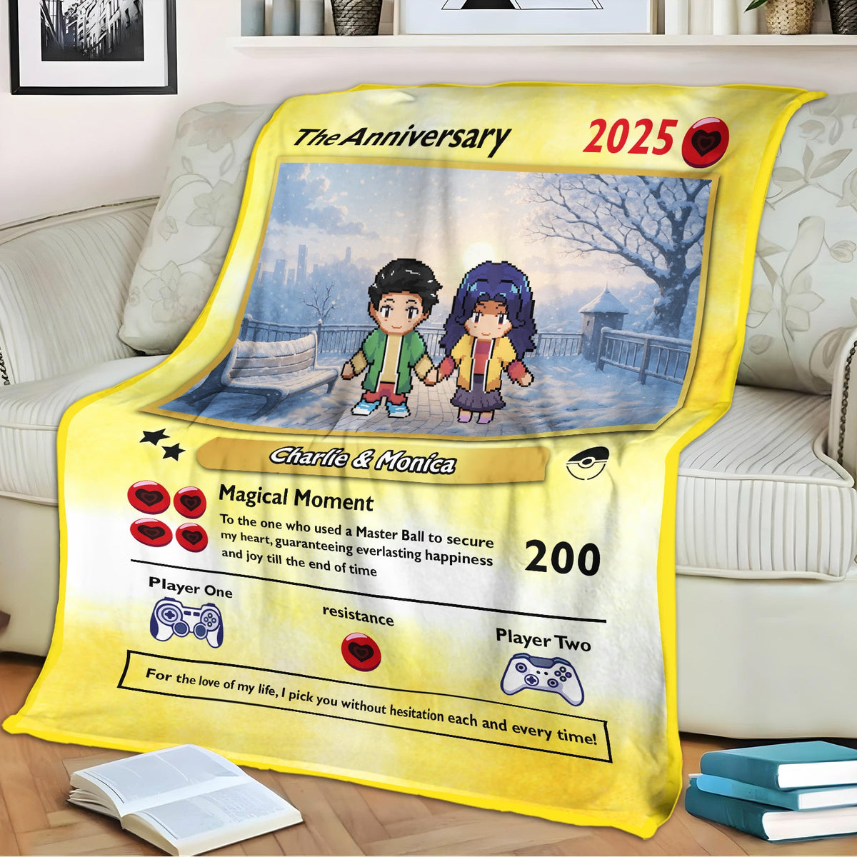 Personalized gamer couple blanket featuring a special anniversary design with names and gaming elements