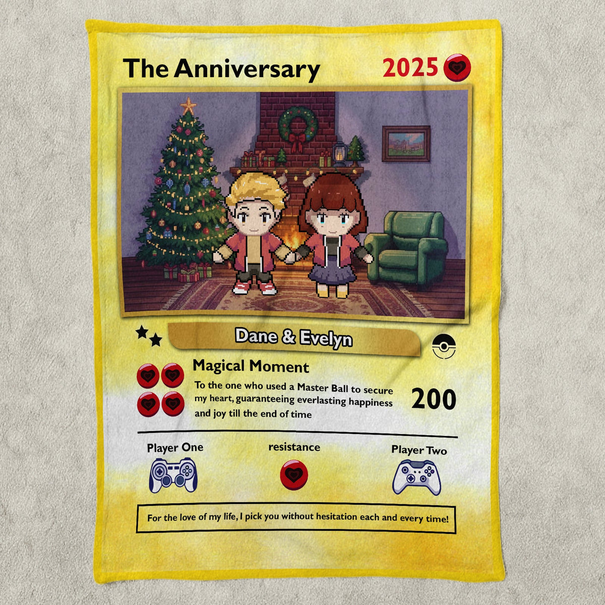 Personalized gamer couple blanket featuring a custom anniversary design with a game card theme