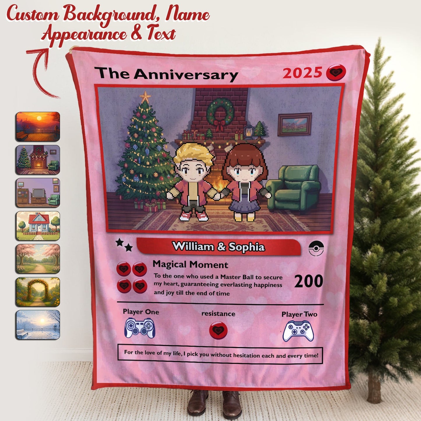 Personalized gamer couple blanket featuring custom names and game-themed design for anniversaries